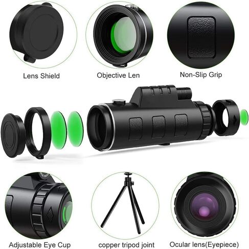 40X60 Monocular Telescope with Compass BAK-4 Prism, High Powered Monocular, Clear Low Light Vision Monocular Telescope with Phone Holder Tripod for Birdwatching Wildlife Hunting Camping Travel Hiking in Kuwait