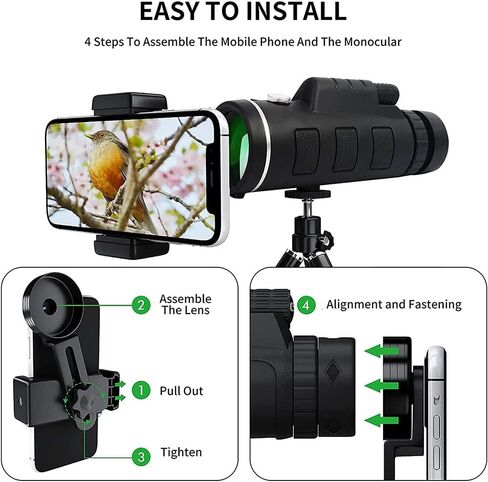 40X60 Monocular Telescope with Compass BAK-4 Prism, High Powered Monocular, Clear Low Light Vision Monocular Telescope with Phone Holder Tripod for Birdwatching Wildlife Hunting Camping Travel Hiking in Kuwait