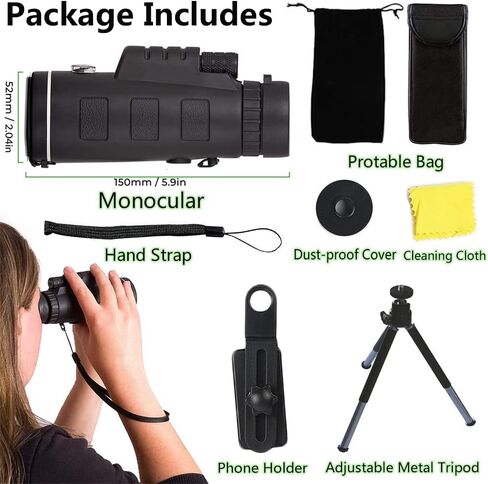 40X60 Monocular Telescope with Compass BAK-4 Prism, High Powered Monocular, Clear Low Light Vision Monocular Telescope with Phone Holder Tripod for Birdwatching Wildlife Hunting Camping Travel Hiking in Kuwait