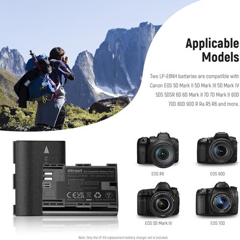 OTREST 2 Pack LP-E6NH Battery and Charger Set, 2250mAh Replacement Batteries for LP-E6NH & Dual USB Charger with LCD Screen, Compatible with Canon EOS R7 R5 R6 R 5D III IV 6D II 7D II 70D 80D 90D in Kuwait