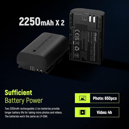 OTREST 2 Pack LP-E6NH Battery and Charger Set, 2250mAh Replacement Batteries for LP-E6NH & Dual USB Charger with LCD Screen, Compatible with Canon EOS R7 R5 R6 R 5D III IV 6D II 7D II 70D 80D 90D in Kuwait