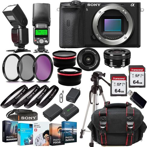 Sony a6600 Mirrorless Camera (ILCE6600/B) E PZ 16-50mm f/3.5-5.6 OSS Lens+Case+128 GIG Memory Cards+TTL Flash+Tripod(17PC) Bundle in Saudi Arabia
