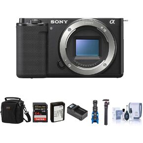 Sony ZV-E10 Mirrorless Camera, Vlogging Kit, Bundled with SD Card, Backpack, Extra Battery, Multifunctional Tripod, Shotgun Microphone, Smart Charger Base & Plate, Cleaning Kit (9 Items)