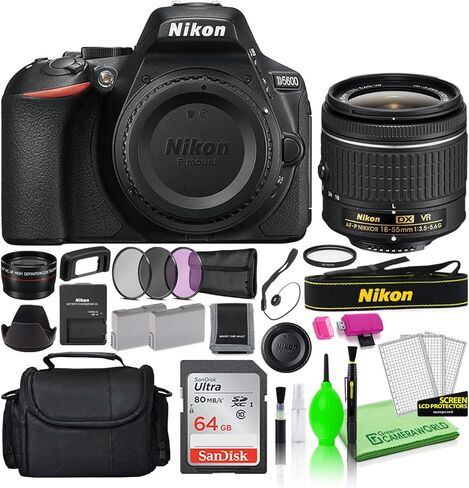 Nikon D5600 24.2MP DSLR Digital Camera with 18-55mm Lens (1576) Bundle Kit with 64GB Ultra SD Card + Large Camera Bag + Filter Kit + Spare Battery + Telephoto Lens + More in Saudi Arabia