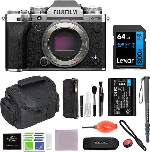 FUJIFILM X-T5 Mirrorless Camera (Silver) Bundle with Extra Battery, Monopod, 64GB SDXC Card & More | USA Authorized with Fujifilm Warranty | Fuji x-t5 in Saudi Arabia