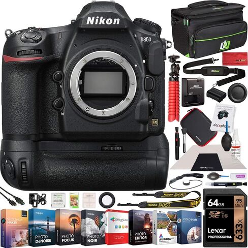 Nikon D850 FX-Format Full Frame Digital SLR DSLR WiFi 4K Camera Body + Battery Grip Power Bundle with Deco Gear Photography Case Bag + 64GB Card + Compact Tripod + Software & Accessories in Saudi Arabia