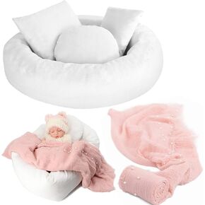 Newborn Photography Props, SPOKKI 5PCS Baby Photoshoot Set with Photo Donut, Pillow and Infant Long Ripple Wrap Props for Boy Girl Princess Twins Birthday Party (A)