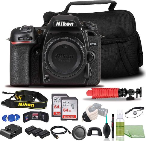 Nikon D7500 DSLR Camera - Bundle - (Body Only) (1581) + 2X EN-EL15 Battery + 2X SanDisk 64GB Card + Case + 12 Inch Flexible Tripod + Deluxe Cleaning Set + HDMI Cable + Hand Strap + More in Saudi Arabia