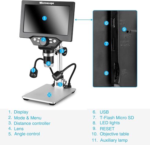 Koolertron 7 inch LCD Digital Microscope,12MP 1-1200X Magnification 1080P Coin Microscope with Screen,8 LED Lights,Rechargeable Battery Microscope for PCB Soldering Plant/Rock/Insect/Watch Repairing in Kuwait