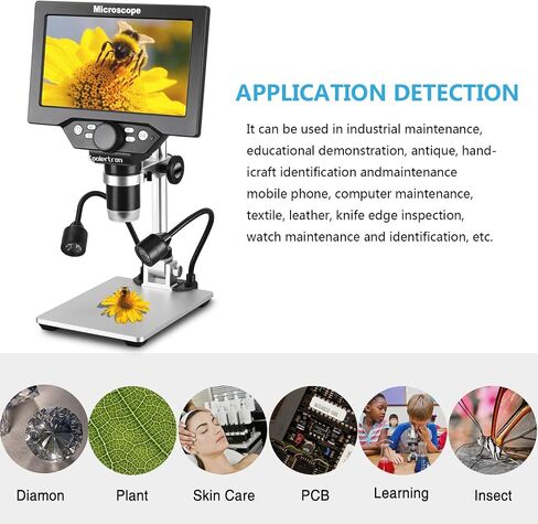 Koolertron 7 inch LCD Digital Microscope,12MP 1-1200X Magnification 1080P Coin Microscope with Screen,8 LED Lights,Rechargeable Battery Microscope for PCB Soldering Plant/Rock/Insect/Watch Repairing in Kuwait