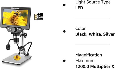 Koolertron 7 inch LCD Digital Microscope,12MP 1-1200X Magnification 1080P Coin Microscope with Screen,8 LED Lights,Rechargeable Battery Microscope for PCB Soldering Plant/Rock/Insect/Watch Repairing in Kuwait