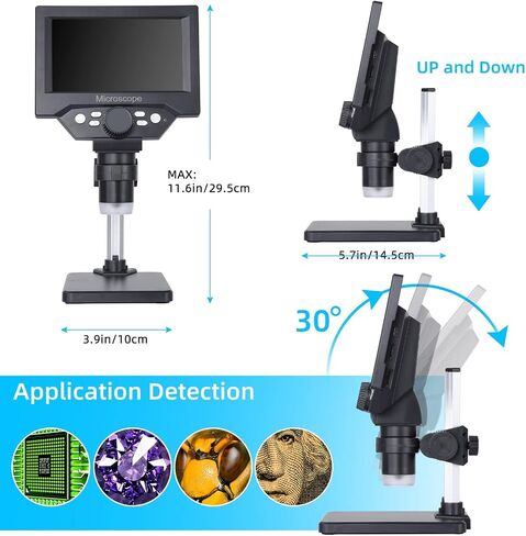 Koolertron 9-inch LCD Digital Microscope - 12MP 1600x 1080P HD, 32G TF Card & 5000mAh Battery, 10-inch Stand & Side Light for Plant/Rock/Circuit Board/Coin Detection and Analysis in Saudi Arabia