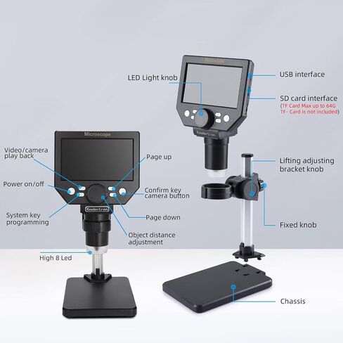Koolertron 9-inch LCD Digital Microscope - 12MP 1600x 1080P HD, 32G TF Card & 5000mAh Battery, 10-inch Stand & Side Light for Plant/Rock/Circuit Board/Coin Detection and Analysis in Saudi Arabia