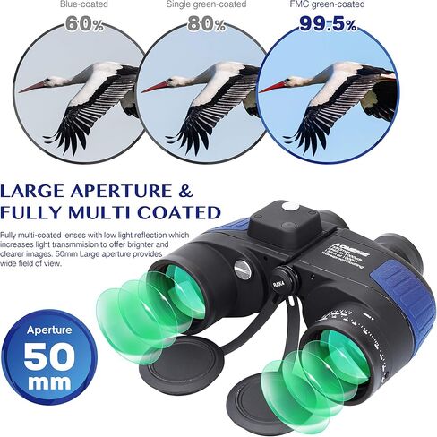 AOMEKIE 7x50 Waterproof Marine Binoculars for Adults with Rangefinder Compass BAK4 Prism FMC Lens for Birdwatching Hunting Boating Fishing Water Sports(Blue) in Saudi Arabia