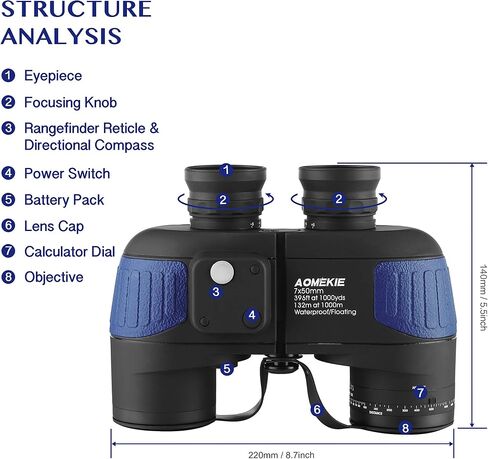 AOMEKIE 7x50 Waterproof Marine Binoculars for Adults with Rangefinder Compass BAK4 Prism FMC Lens for Birdwatching Hunting Boating Fishing Water Sports(Blue) in Saudi Arabia