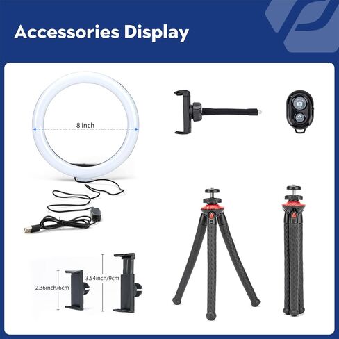 8'' Selfie Ring Light with Flexible Handheld Tripod, Fotopro LED Ring Light with Desktop Phone Tripod and Phone Holder Remote for Live Streaming Conference Video Recording Makeup Selfie in Saudi Arabia
