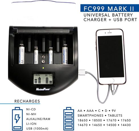 شاحن عالمي سريع من MaximalPower FC999 للبطاريات القلوية وذاكرة الوصول العشوائي وNi-MH وNi-CD وAA وAAA وC وD و9V، أسود in Kuwait