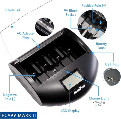 شاحن عالمي سريع من MaximalPower FC999 للبطاريات القلوية وذاكرة الوصول العشوائي وNi-MH وNi-CD وAA وAAA وC وD و9V، أسود in Kuwait