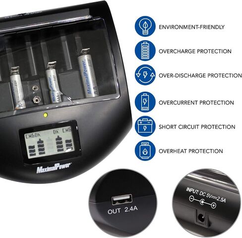 شاحن عالمي سريع من MaximalPower FC999 للبطاريات القلوية وذاكرة الوصول العشوائي وNi-MH وNi-CD وAA وAAA وC وD و9V، أسود in Kuwait