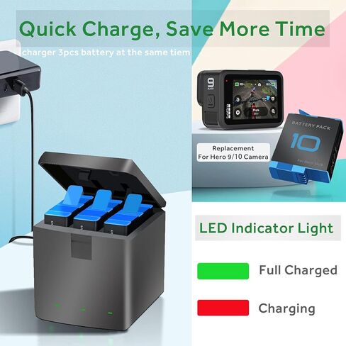 2Pack Hero Battery Charger Kits Compatible with Gopro Hero 11 Hero 10 Hero 9 Camera, Fit for Go pro Hero11 Hero10 Hero9 Batteries in Kuwait