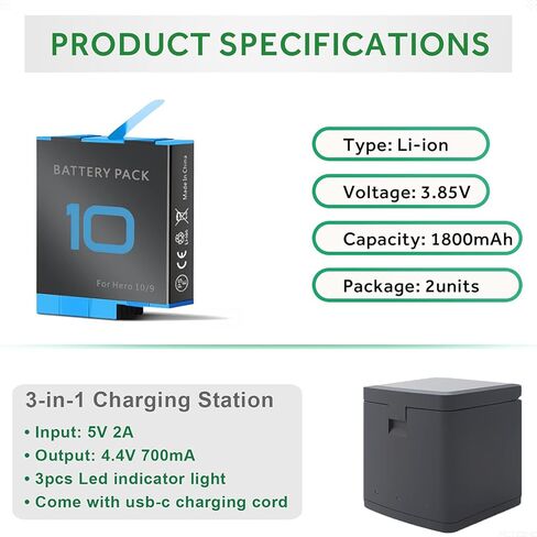2Pack Hero Battery Charger Kits Compatible with Gopro Hero 11 Hero 10 Hero 9 Camera, Fit for Go pro Hero11 Hero10 Hero9 Batteries in Kuwait