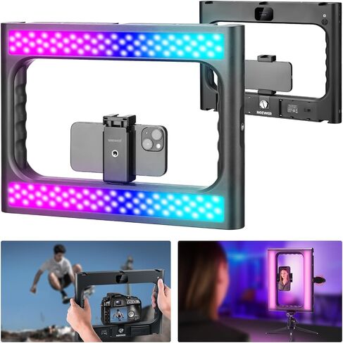 NEEWER RGB-A111 II Smartphone Video Rig with Light Kit, Support Vertical Shoot, Handheld Phone Camera Cage Stabilizer with Cold Shoes/Shutter/Battery, 17 Scenes RGB Ring Light 2500K-10000K CRI97+ in Kuwait