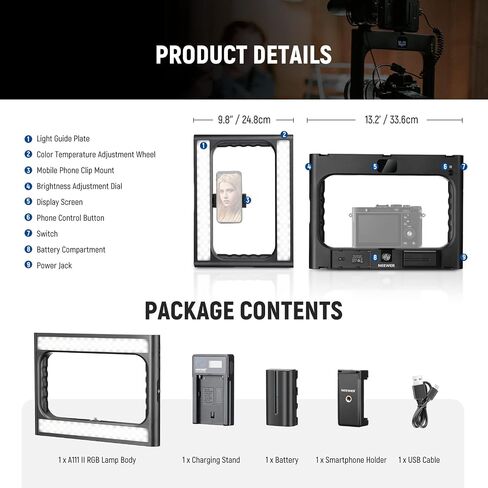NEEWER RGB-A111 II Smartphone Video Rig with Light Kit, Support Vertical Shoot, Handheld Phone Camera Cage Stabilizer with Cold Shoes/Shutter/Battery, 17 Scenes RGB Ring Light 2500K-10000K CRI97+ in Kuwait
