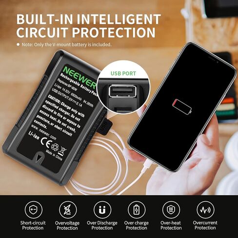 Neewer 95Wh (6600mAh) بطارية V-Mount/V-Lock، بطارية ليثيوم أيون قابلة لإعادة الشحن 14.8 فولت مع شاحن إخراج D-Tap وكابل D-Tap متوافق مع كاميرا فيديو بث الفيديو من سوني ومصباح LED (BP-95W) in Kuwait