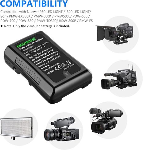 Neewer 95Wh (6600mAh) بطارية V-Mount/V-Lock، بطارية ليثيوم أيون قابلة لإعادة الشحن 14.8 فولت مع شاحن إخراج D-Tap وكابل D-Tap متوافق مع كاميرا فيديو بث الفيديو من سوني ومصباح LED (BP-95W) in Kuwait