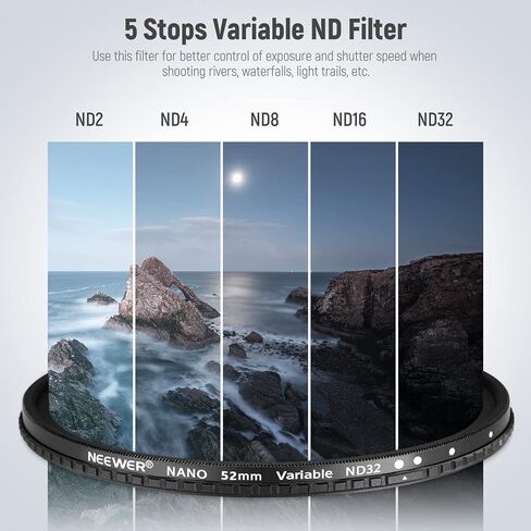 NEEWER 58mm ND2-32 (1-5 Stops) Variable ND Filter with Lens Cap, Cleaning Cloth, Precise Neutral Density Adjustment, Multicoated Optical Glass, Camera Photography Accessories in Saudi Arabia