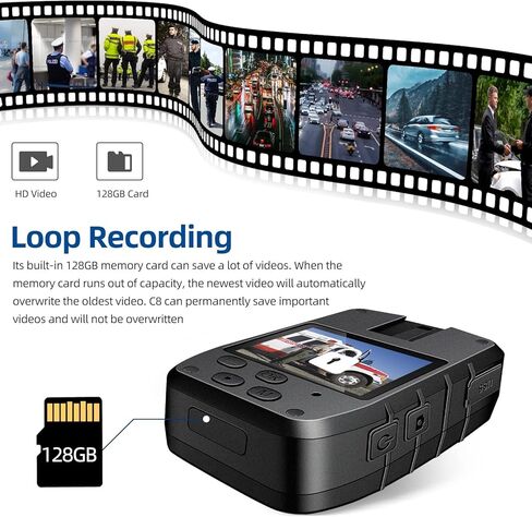 CAMMHD C8-128G 2K/1296P Body Camera,11-12Hours Video Record,Night Vision Body Cam,IP67 Waterproof Data-encrypt Body Mounted Camera with 2pcs 360°Rotatable Clips for Police Law Enforcement,Personal Use in Kuwait