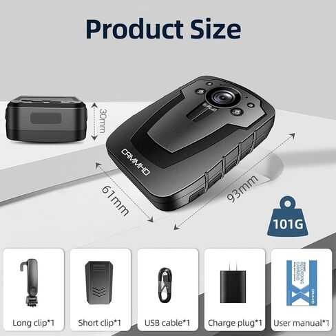 CAMMHD C8-128G 2K/1296P Body Camera,11-12Hours Video Record,Night Vision Body Cam,IP67 Waterproof Data-encrypt Body Mounted Camera with 2pcs 360°Rotatable Clips for Police Law Enforcement,Personal Use in Kuwait