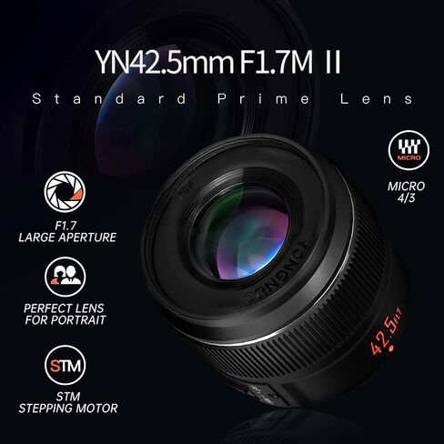 يونغنو عدسة برايم ثابتة متوسطة التركيز التلقائي YN42.5MM F1.7M II، لكاميرات مايكرو اربع ثلاثي، متوافقة مع اوليمبوس باناسونيك اسود in Saudi Arabia