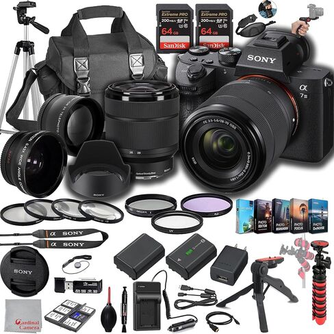 Sony a7 III Mirrorless Digital Camera 24MP w/ 28-70mmmm Lens, 128GB Extreem Speed Memory,.43 Wide & 2X Lenses, Case. Tripod, Filters, Hood, Grip,Spare Battery & Charger, Software Kit -Deluxe Bundle in Saudi Arabia
