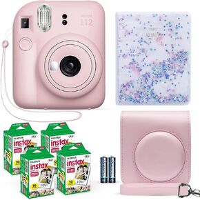 كاميرا Fujifilm Instax Mini 12 الفورية Blossom Pink + حزمة قيمة لفيلم Fuji Instax (40 ورقة) + حزمة ملحقات الغالق، بما في ذلك. حقيبة حمل متوافقة، ألبوم صور خرز الرمال المتحركة 64 جيبًا in Kuwait