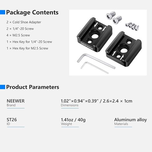 NEEWER Cold Shoe Mount Adapter with 1/4" Thread, Compatible with SmallRig DSLR Camera Cage Microphone LED Light Monitor and More (2 Pack, ST26) in Saudi Arabia