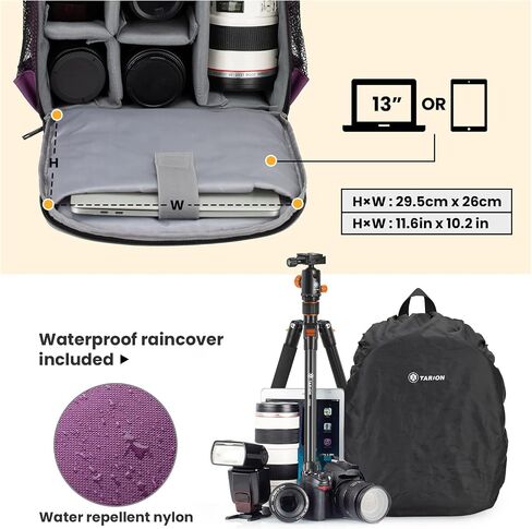 TARION Camera Backpack Bag Small - Professional DSLR Camera Bag with Waterproof Rain Cover Laptop Compartment Photograhy Backpack Case Black TB-S in Kuwait