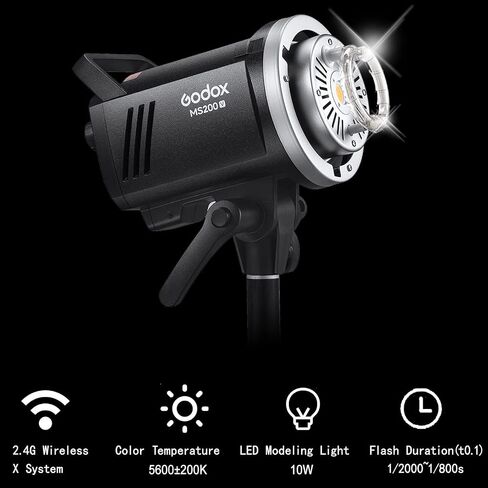 Godox MS200-V MS200V 200W Compact Studio Strobe Flash Light,GN53 0.1-1.8S Recycle Time,2.4G X System,Bowens Mount with 10W LED Modeling Lamp for Wedding,Portrait,Fashion,Product,Studio Photography Etc in Saudi Arabia