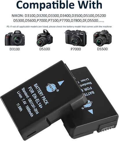 DSTE Replacement for 2X EN-EL14 Battery + Rapid Dual Charger with Micro USB Cable Compatible Nikon D5100 D5300 D5500 DF P7000 P7200 P7800 D3400 D5600 D3500 Digital Camera as EN-EL14A in Saudi Arabia