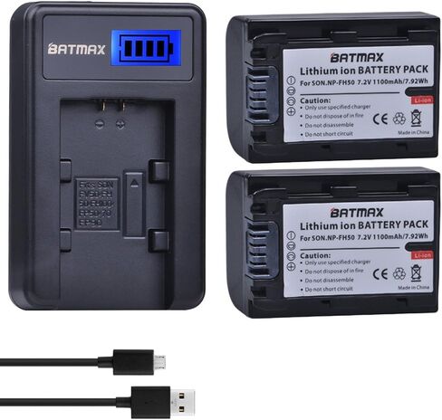 Batmax 2Packs NP-FH50 Battery + LCD USB Charger for Sony NP-FH30,NP-FH40,NP-FH50 H Series Batteries;Sony Alpha DSLR A230, DSLR A290, DSLR A330, DSLR A380, DSLR A390, Cyber-Shot DSC-HX1 Handycams in Kuwait