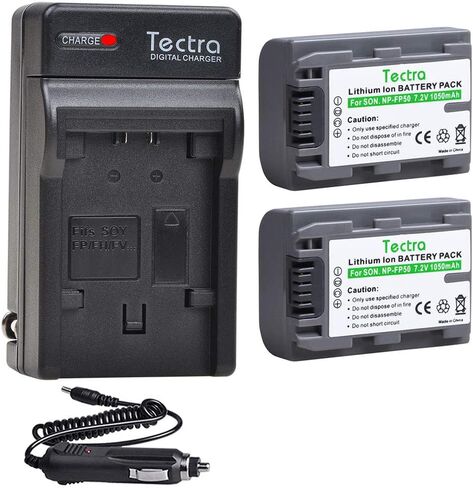 Tectra 2Pcs NP-FP50 NP FP50 Battery + Wall Charger for Sony NP-FP30,NP-FP50,NP-FP60,NP-FP70,NP-FP90,NP-FP51,NP-FP71,NP-FP91 Series Ony DCR-HC30 40 43E 65 85 94E 96 Handycam Camcorders in Saudi Arabia