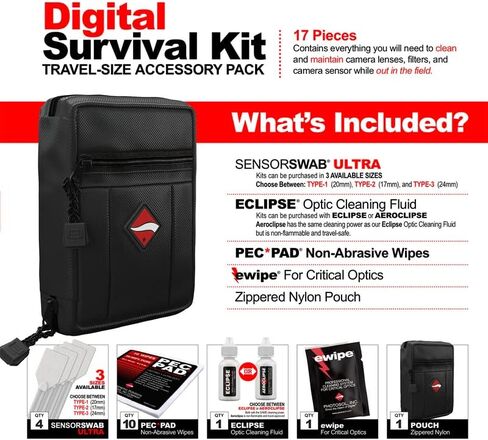 Photographic Solutions Digital Survival Kit - Type-3 (24mm) Sensor Swabs, PEC-PAD Photo Wipes, E-Wipe Packet, Eclipse Optic Cleaning Fluid - Camera Cleaning Kit with Travel Bag in Saudi Arabia