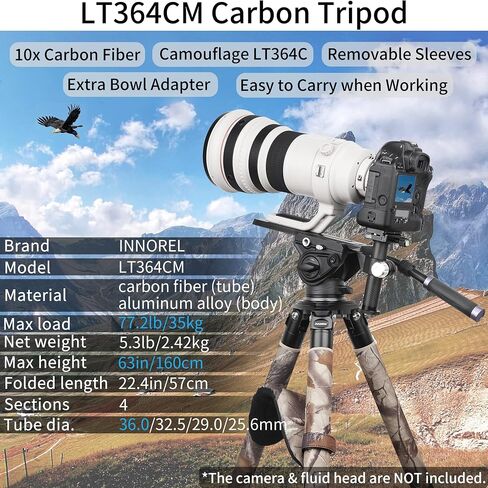 Carbon Fiber Tripod-LT364C-Small Size RT90C Professional Heavy Duty Tripods Stable Compact Stand with 75mm Bowl Adapter for Video Camera Bird Photography DSLR 36mm Tube 77.2lb/35kg Load, No Mid-column in Saudi Arabia