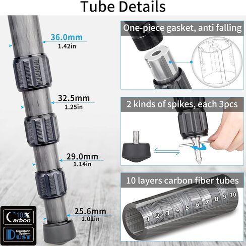 Carbon Fiber Tripod-LT364C-Small Size RT90C Professional Heavy Duty Tripods Stable Compact Stand with 75mm Bowl Adapter for Video Camera Bird Photography DSLR 36mm Tube 77.2lb/35kg Load, No Mid-column in Saudi Arabia