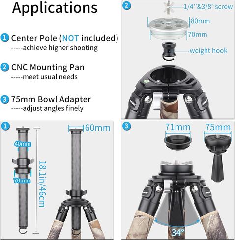 Carbon Fiber Tripod-LT364C-Small Size RT90C Professional Heavy Duty Tripods Stable Compact Stand with 75mm Bowl Adapter for Video Camera Bird Photography DSLR 36mm Tube 77.2lb/35kg Load, No Mid-column in Saudi Arabia
