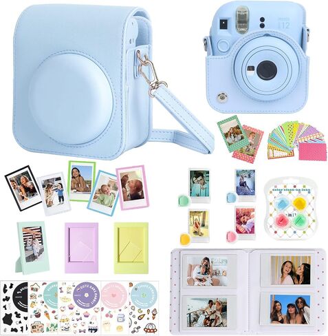 تتضمن ملحقات CAIYOULE لحزمة الكاميرا الفورية Fujifilm Instax Mini 12 حافظة Instax 12 من جلد البولي يوريثان + ألبوم صور صغير وإطارات + ملصقات DIY + فلتر ألوان - فضي لامع in Saudi Arabia