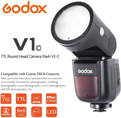 GODOX V1-C TTL Round Head Camera Flash 2W LED Modeling Light, 1/8000s High-Speed Sync, 480 Full Power Flash, 5600±200K Color Temperature, Quick Release Lock, Suitable for Canon EOS Series Cameras in Saudi Arabia