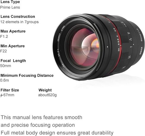 Meike MK-50mm F1.2 Large Aperture Manual Focus Fixed Lens for Sony Full Frame and Sony E Mount APS-C Mirrorless Cameras A7 A7 II A7III A7S II A7S III A7R II A7R III A7R IV A9 A9II A7C A6300 A6400 etc in Saudi Arabia