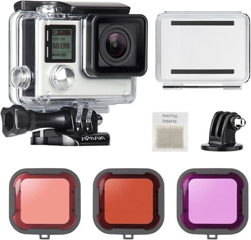 SOONSUN Waterproof Housing Case with Dive Filters for GoPro Hero 3, Hero3+, Hero 4 Silver Black Cameras, 40m Underwater Dive Housing Case with Filters, Spare Backdoor, Bracket Buckle Accessories in Saudi Arabia