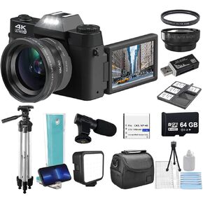 Acuvar 4K 56MP Digital Camera Kit for Photography, Vlogging Camera for YouTube with Flip Screen, WiFi, Wide Angle & Macro Lens, 64GB Micro SD Card, 50" Tripod, Case, Card Reader, Microphone, LED
